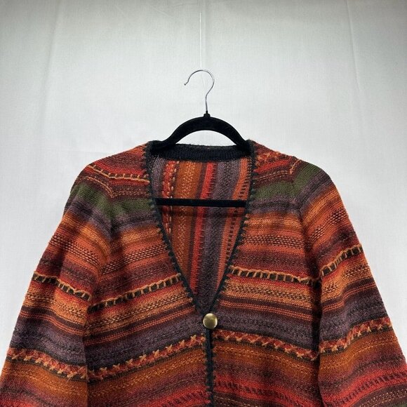 Sweater Womens Size M Southwestern Striped Cardigan One Button Asymmetric Brown - Picture 4 of 11
